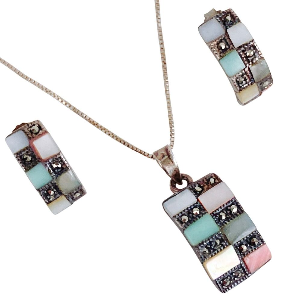 VTG Signed Charles Winston Silver Mother of Pearl Necklace Earrings Set Italy